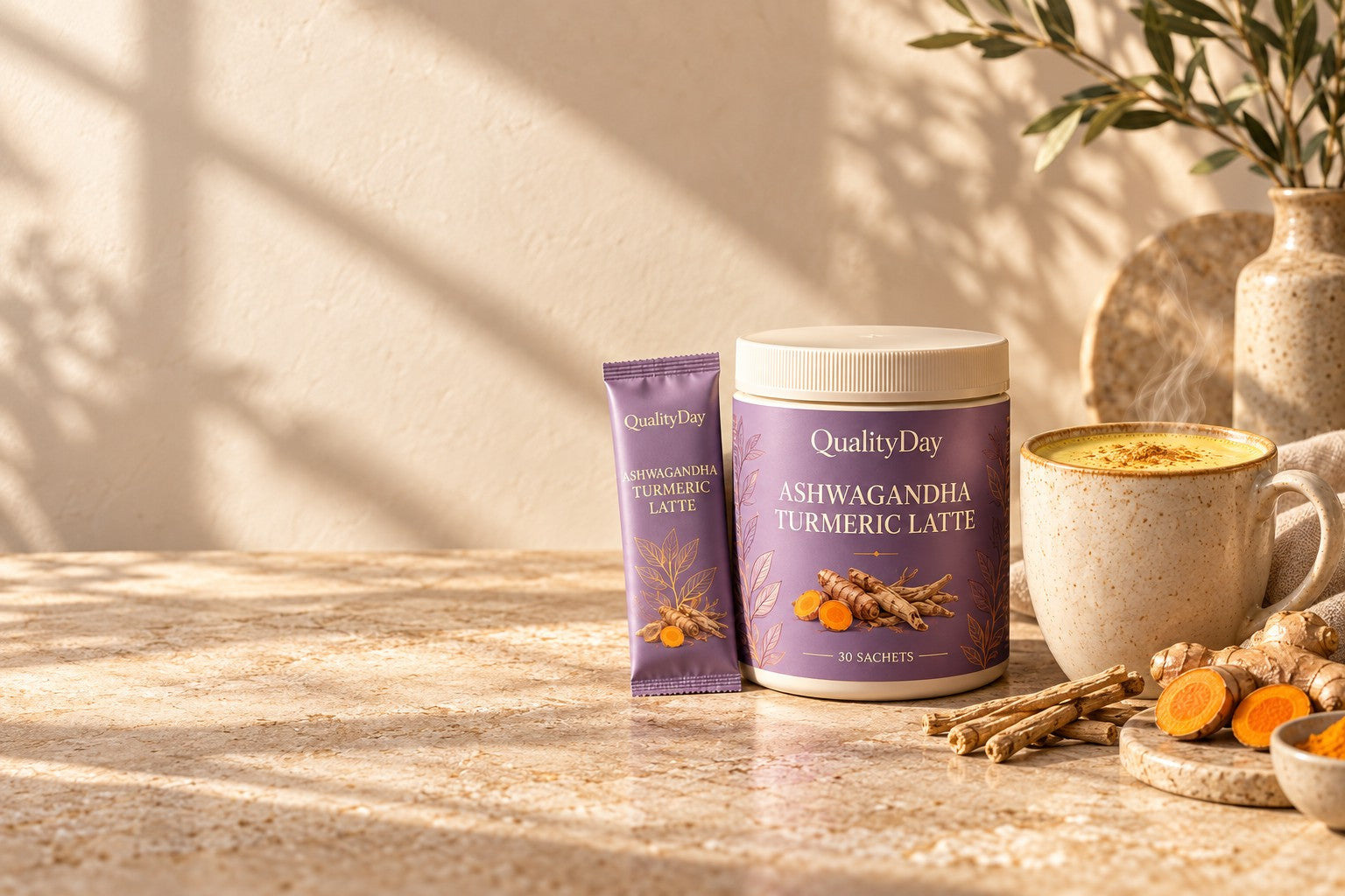 QualityDay Ashwagandha Turmeric Latte jar, sachet and golden latte in warm natural light