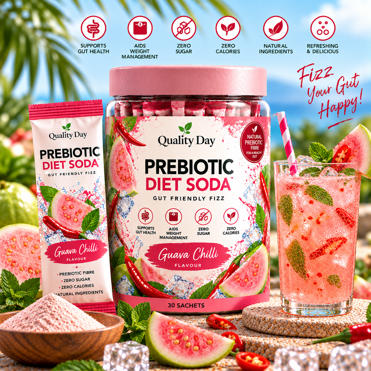 QualityDay Prebiotic Diet Soda – Guava Chilli
