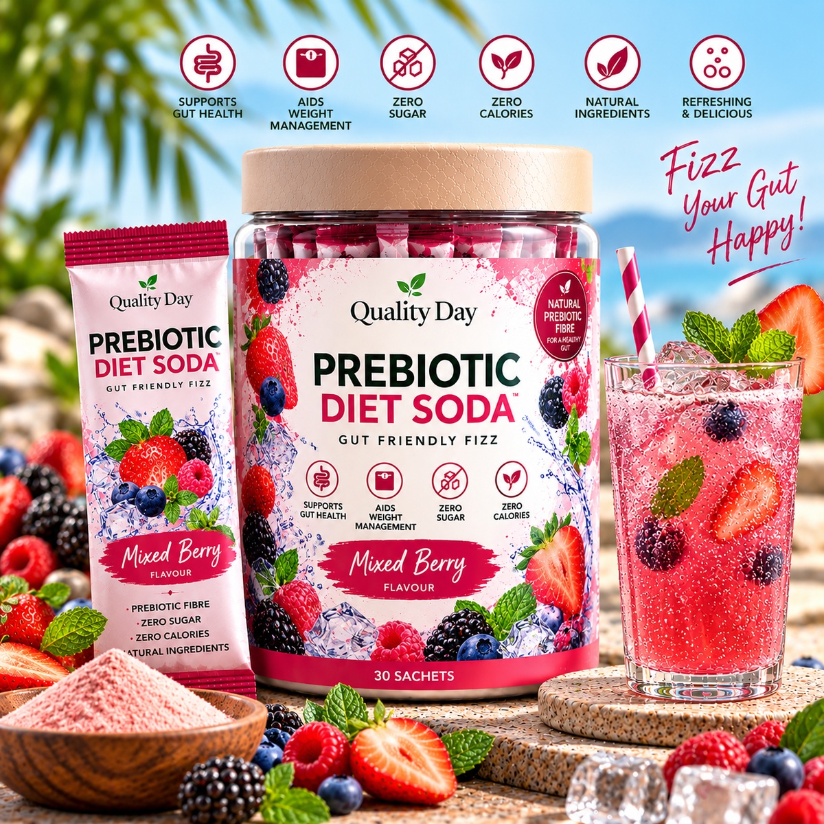 QualityDay Prebiotic Diet Soda – Berry Blast