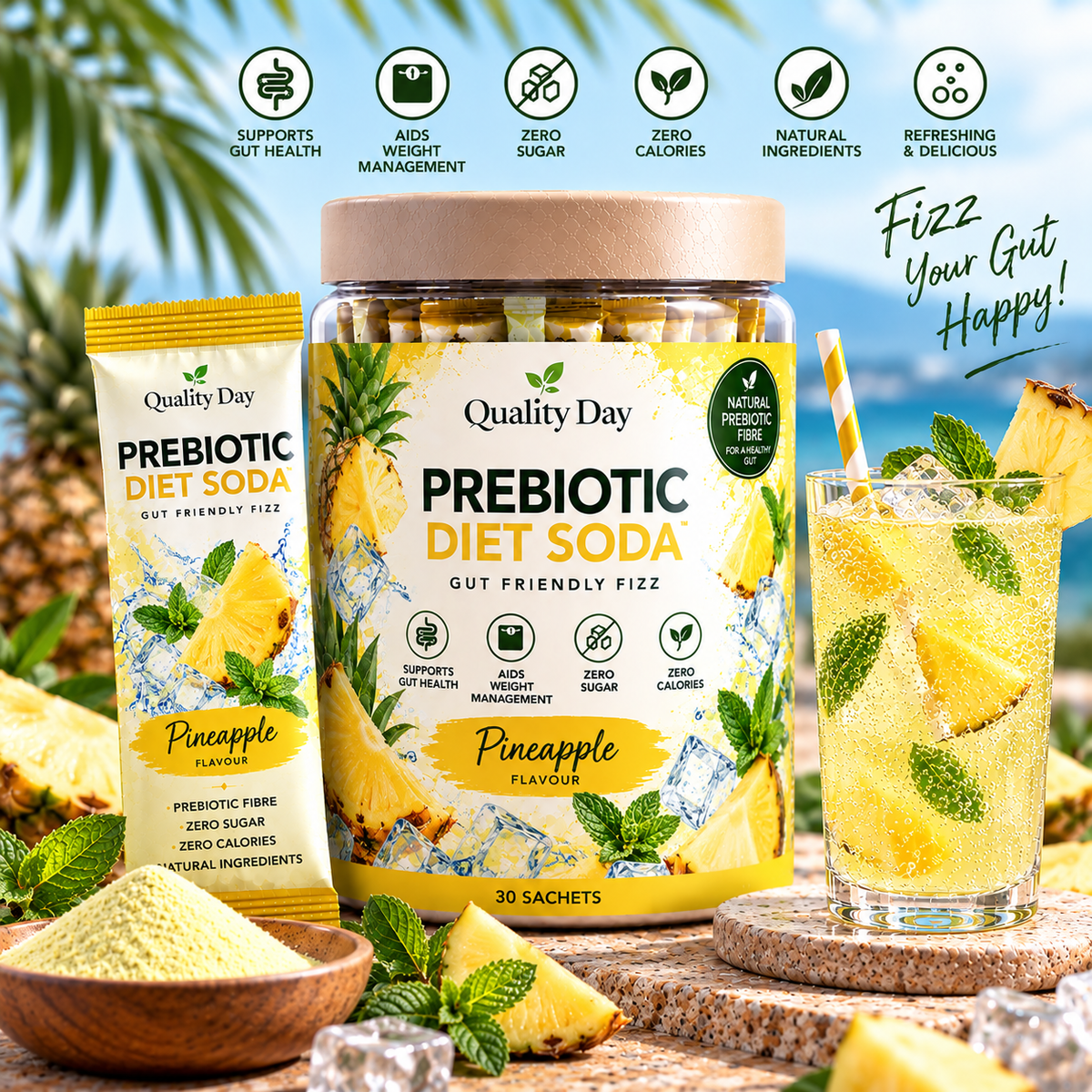 QualityDay Prebiotic Diet Soda – Pineapple Ginger