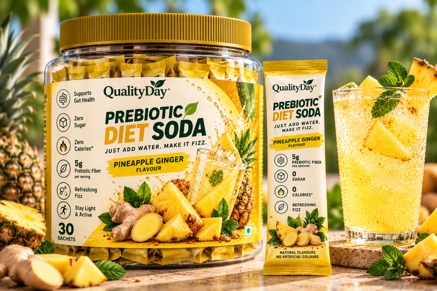 QualityDay Prebiotic Diet Soda Pineapple Ginger flavour